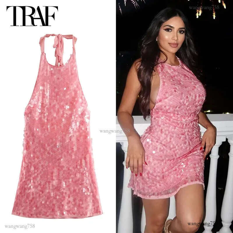 Mesh Mini Dresses Pink Sequin Halter Dress: Sexy Backless Evening Mini Dress