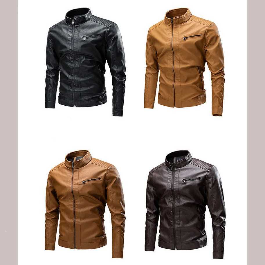 2025 Man Leather Jacket Autumn Winter Stand Collar Long Sleeve Pocket Men Coat Motorcycle Punk Street Trend Male OuterwearT251029
