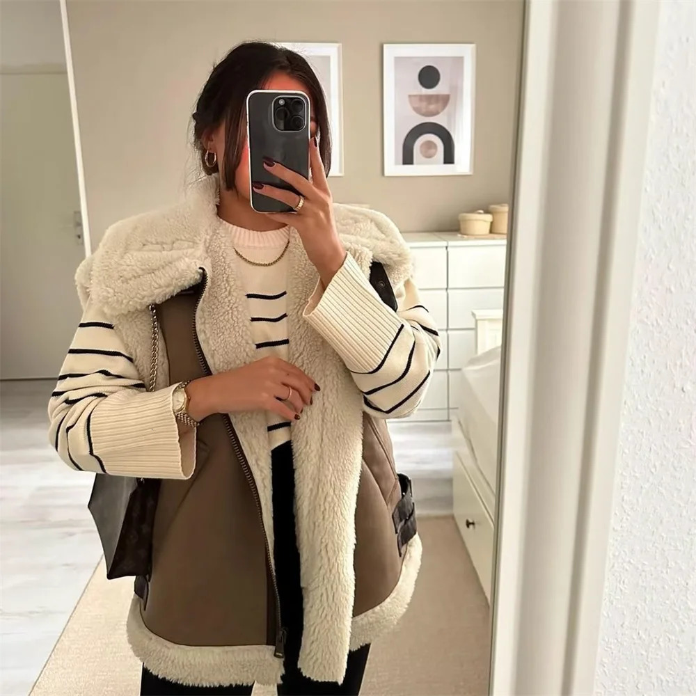 AutumnWinter Product Womens Fashion Casual Polo Neck Zipper Tri Color Fleece Panel Tank Top 251029