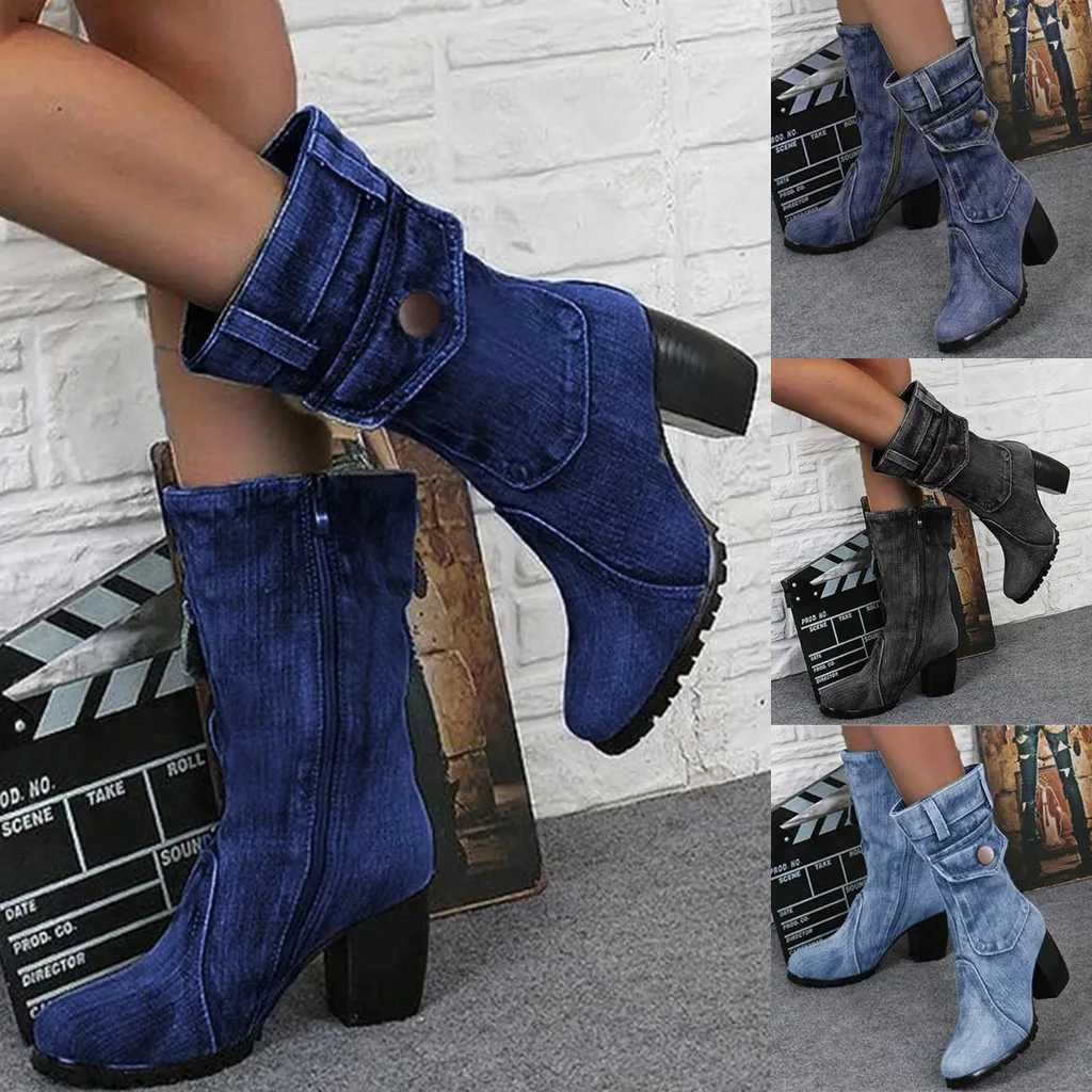 Blue jeans boots Womens Midrise Rome Solid SlipOn Chunky Med Heels Boots wild vintage Large Size Ladies shoes Z251029