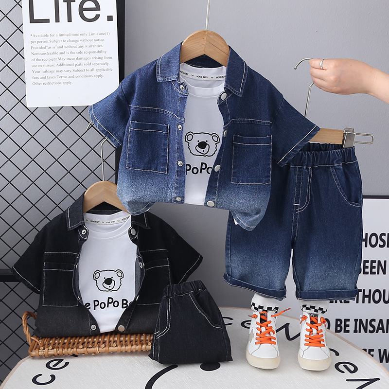 boys clothes 2025 New Fashion Boys Clothes, Solid Color Ombre Denim 3-Piece Set, Casual Summer Outfit for Toddler Kids Daily Playtime