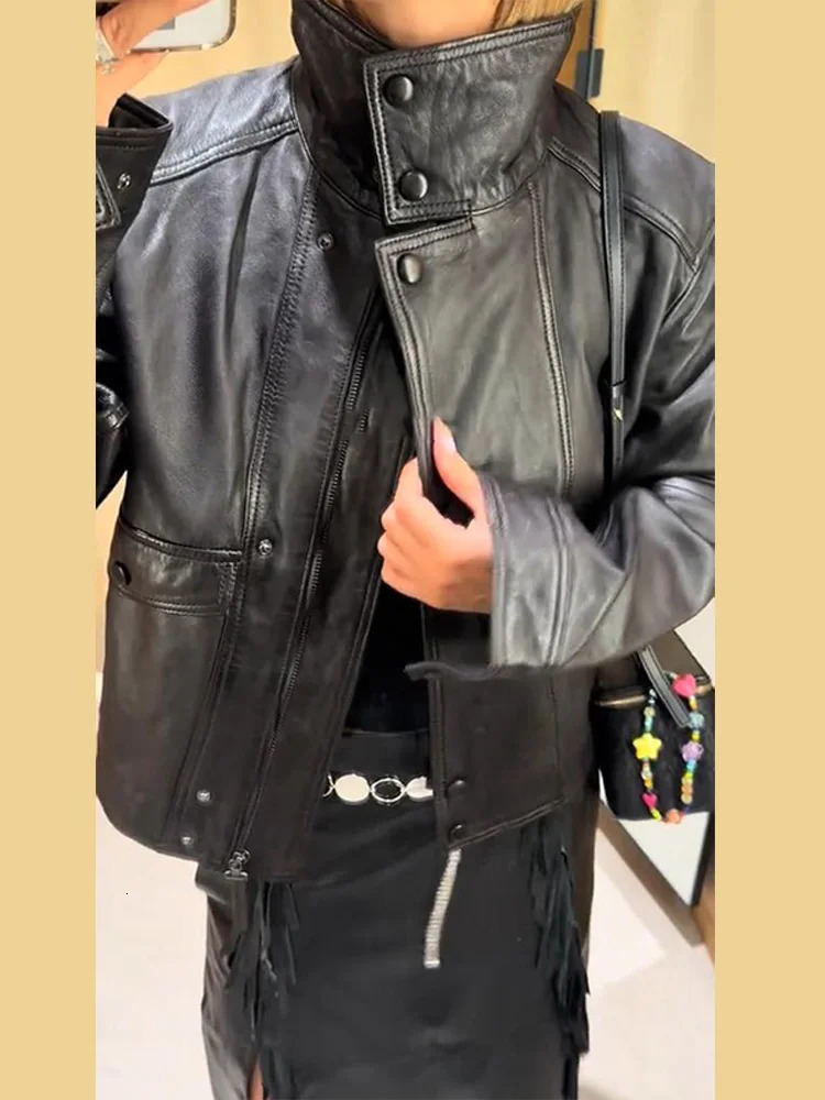 Stand Collar Womens Jacket Full Sleeve Double Button Solid Female Leather Jackets Autumn Fashion High Street Lady Outwears 251029