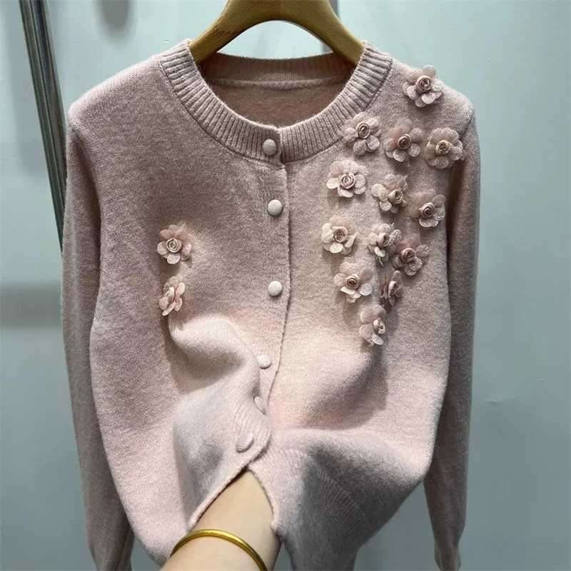 Korean Soft Waxy Knit Cardigan Women Round Neck Joker Sweater Ladies New Flowers Long Sleeve Casual Sweater Female Jacket TopsT251028