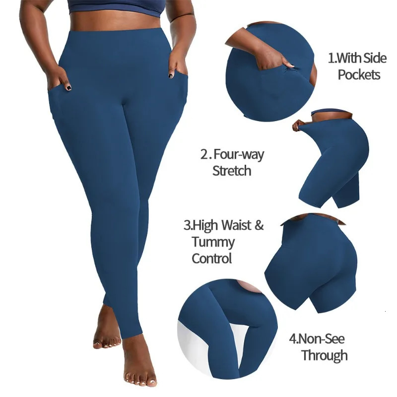 Womens Plus Size HighWaisted Yoga Leggings with Pockets Tummy Control HipHugging Workout Solid Colors Tights for Gym 251029