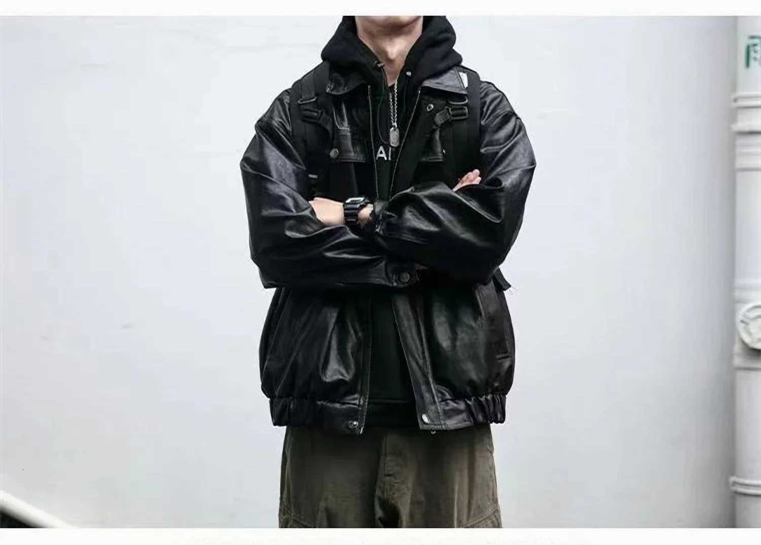 Oversized Mens Leather Jackets Black VIntage PU Biker Coat Faux Leather Bomber Jacket Punk Big Pockets Windbreaker OvercoatT251029