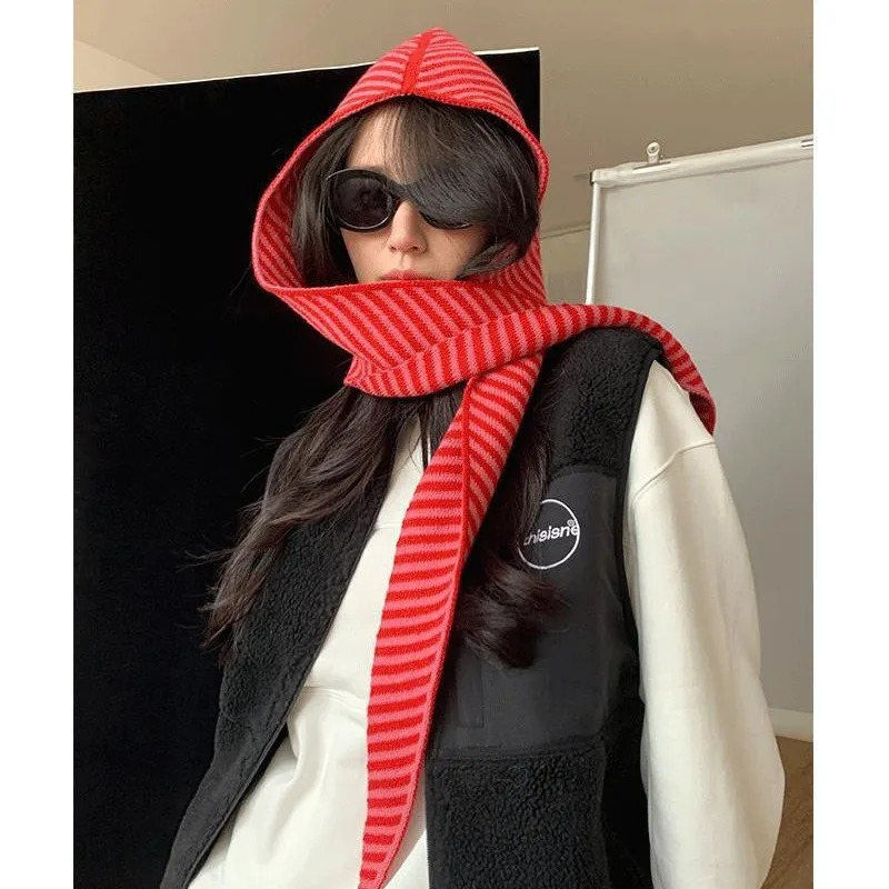 A Variety of Styles Autumn Winter Korean Version Striped Hat Scarf Integrated Womens Warm Shawl Scarf Wool Knitted Hat Hooded 251029