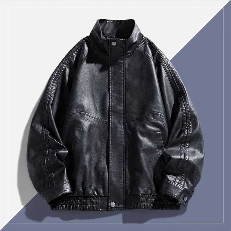 Autumn Man Leather Jacket Streetwear Motorcycle Punk Male Outerwear Stand Collar Long Sleeve Zipper Oversize Men Bomber CoatT251029