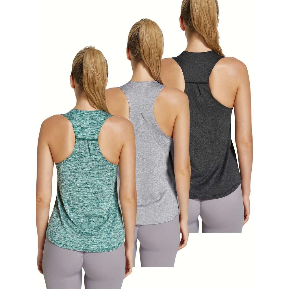 3Pcs Women's Quick-Dry Workout Tank - Sleeveless Racerback Fiess Shirts, Solid Color Athletic Training Tops For Gym, Yoga, Swimming All-Season We
