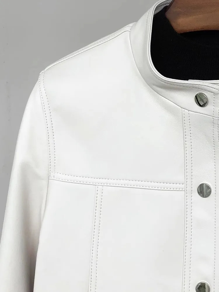 Lautaro Spring Autumn Short White Soft Pu Leather Jacket Women Stand Collar Long Sleeve Elegant Chic Clothing 251029