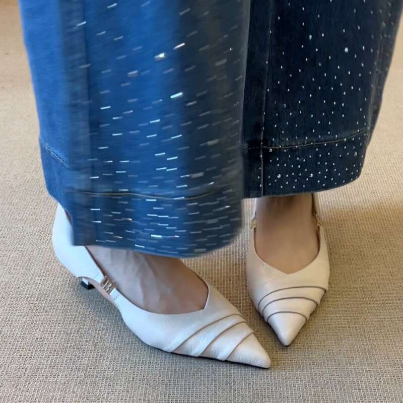 French Style Simple Pointed Toe Ruched Side Open Sandals 2025 New Slip-On Designer Shoe Shallow Mid-Heel Single Shoes for Women