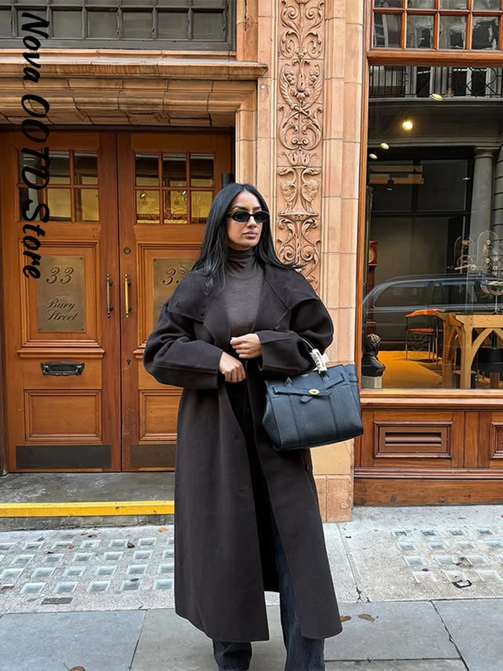 Elegant Solid Lace Up Long Woolen Coat Women Stand Collar Single Breasted Retro Coats Autumn Winter Lady Allmatch Outwears 251028