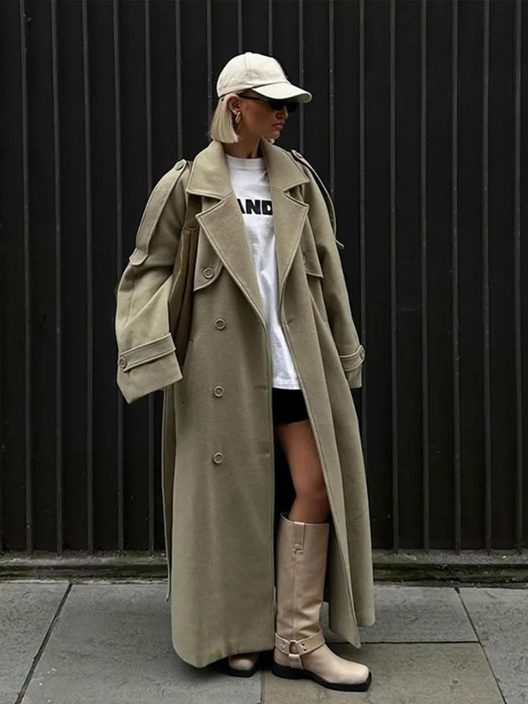 Elegant Loose Belt Coats Women Turndown Collar Full Sleeve Double Breasted Overcoat Autumn Chic Female Casual Outerwear 251028