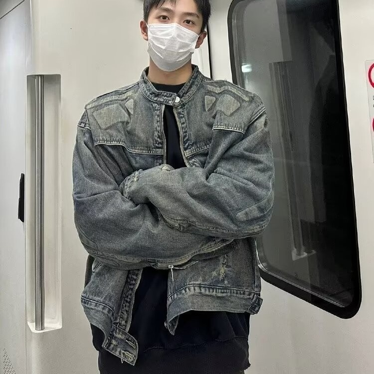 New American Style Designer Jacket Washed Vintage Spring Autumn Denim Jacket For Men Loose Stand Collar Casual Zipper Jacket Top
