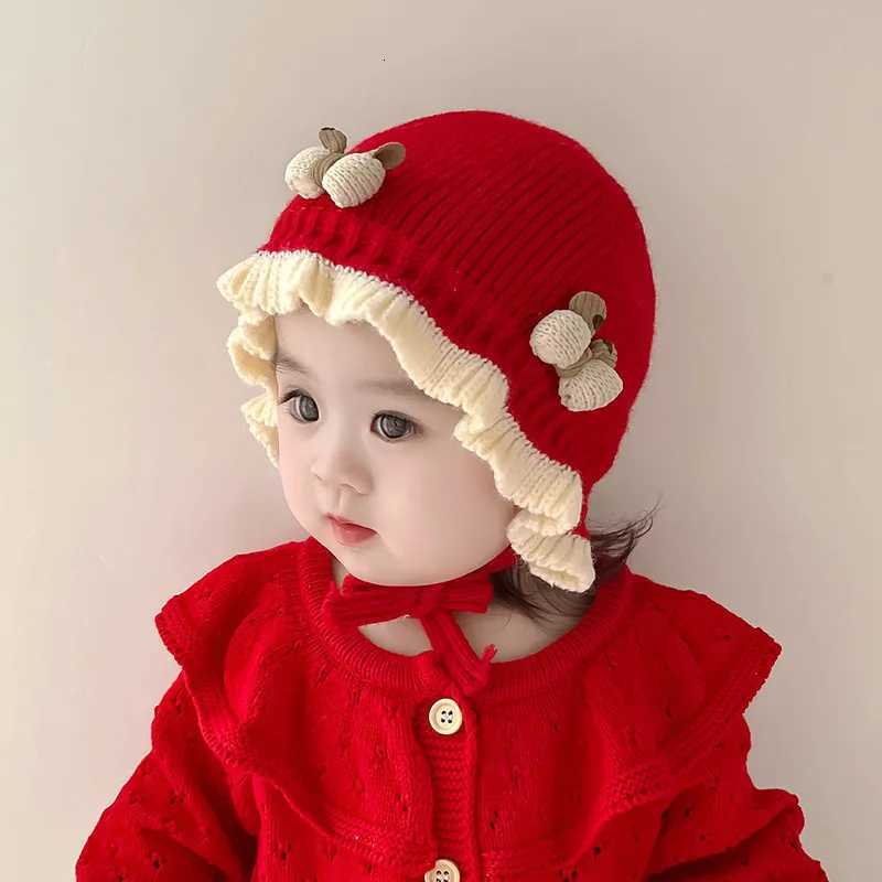 Korean Ruffle Baby Knitted Hat Winter Warm Toddler Ear Protection Cap Cute Solid Color Bow Kids Lacing Hats Bonnet251028