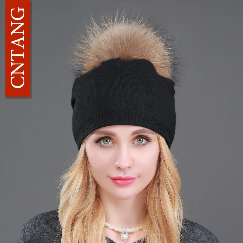 Autumn Winter Knitted Wool Hats For Women Fashion Pompon Beanies Fur Hat Female Warm Caps With Natural Genuine Raccoon Fur Cap 251029