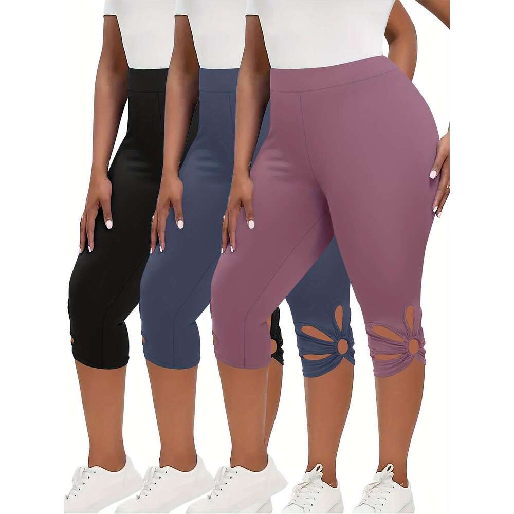 Women's 3pcs High Waist Capri Leggings - Slimming, Stretchy Activewear with Cutout Detail, Plus Size Yoga Pants