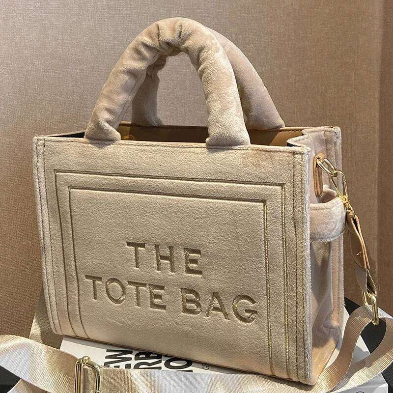 Women's Khaki Velour Tote Bag Original Letter Print Ladies Brand Shopper Handbag Female Square Medium Shoulder Bags 251029