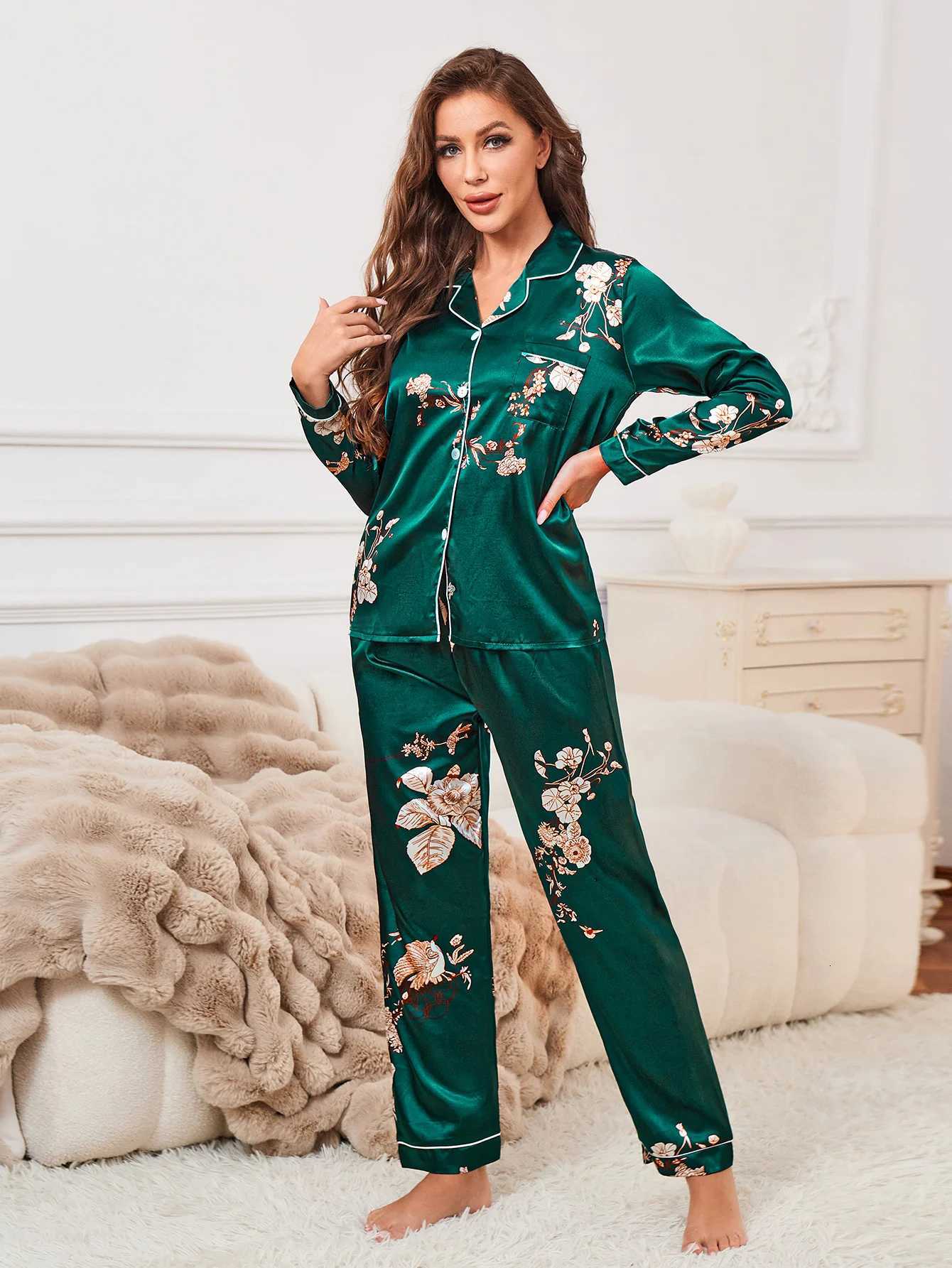 Floral Print Contrast Piping Satin Pajama SetWomens Sleepwear Loungewear Button Up Lapel Top Pants Pj SetT251029