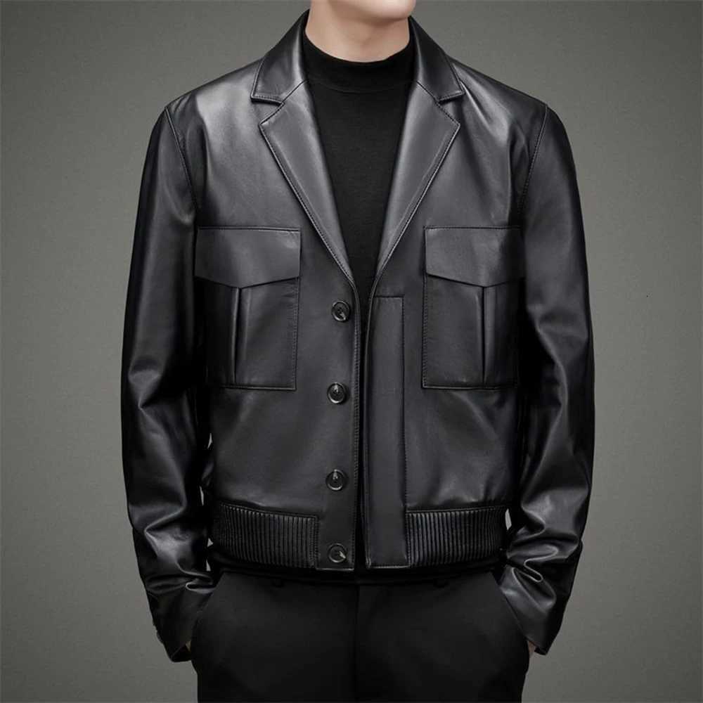 Mens Y2k Leather Jacket Autumn Winter New Suit Collar Short Leather Jacket Casual Fashion AllMatch Trend Motorcycle Top CoatT251029