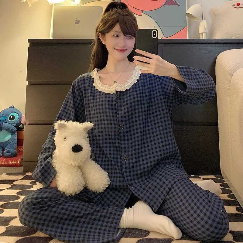 M5XL Large Size Cloud Cotton Spring Autumn Pajamas Womens Korean Students Ins Plaid Sleepwear Longsleeved Loose LoungewearT251029