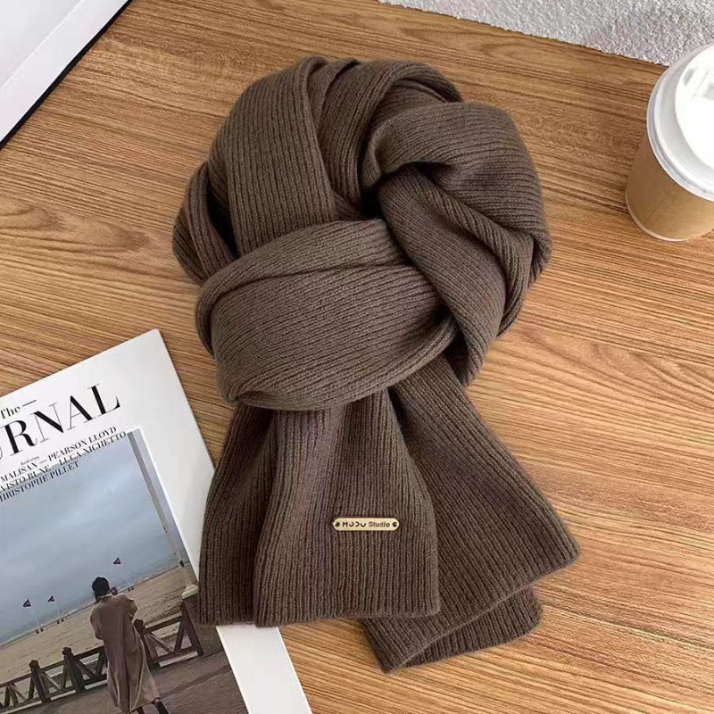 Scarf female winter new wool knit solid color small scarf tide thick warm all match long neck 2025