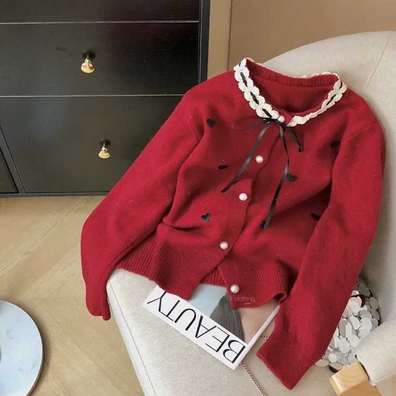 Hearts Spliced Sweater for Women Spring Autumn Harajuku Lace Patchwork Knitted Cardigan Chic Bows LaceUp Button Cardigan JacketT251028