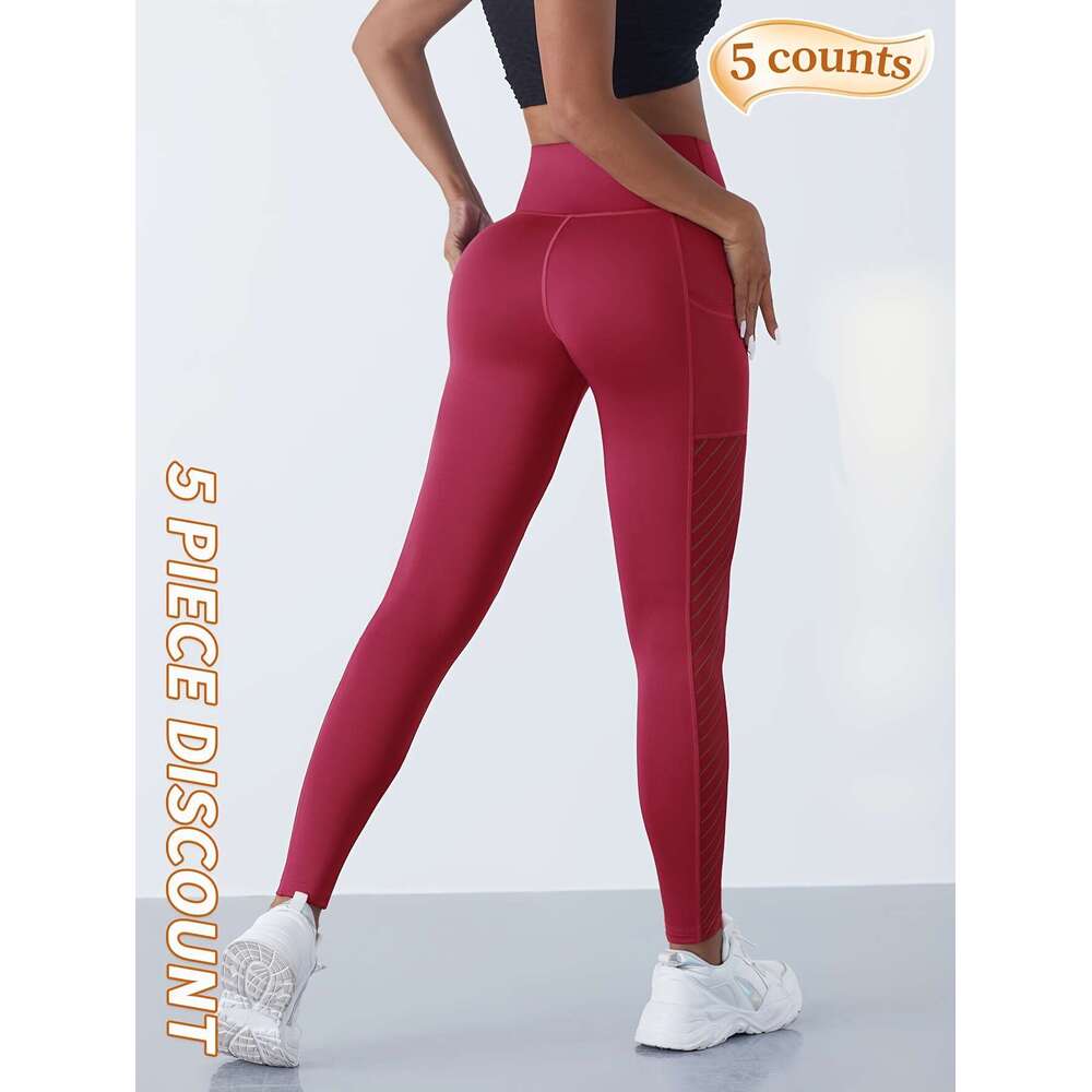5pcs Yoga Pants With Pocket, Solid Color Stretch Fiess Sports Leggings, Women's Activewear