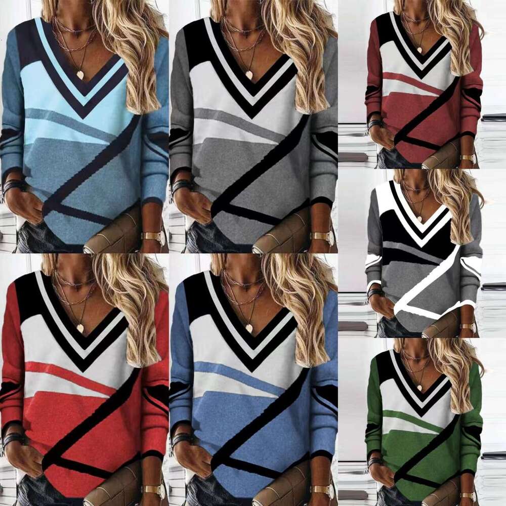 New Versatile Daily Casual Loose Hoodie Women's V Neck Contrasting Geometric Pattern Large Size Sweatshirt Top