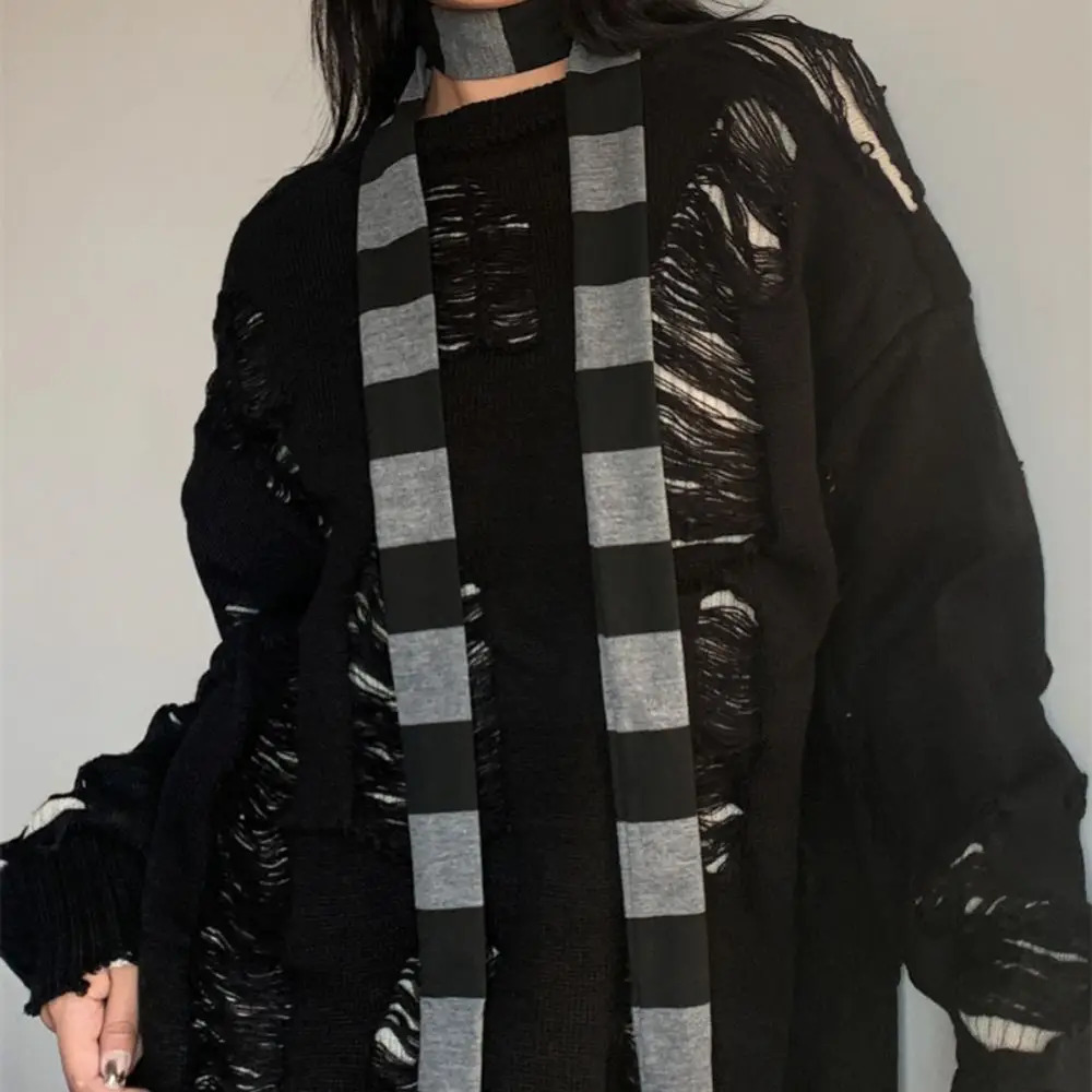 Women Harajuku Cotton Scarves Y2k Black Grey Stripe Long Scarves 180cm Thin Long Decorative Neckerchief Fashion Streetwear 251029