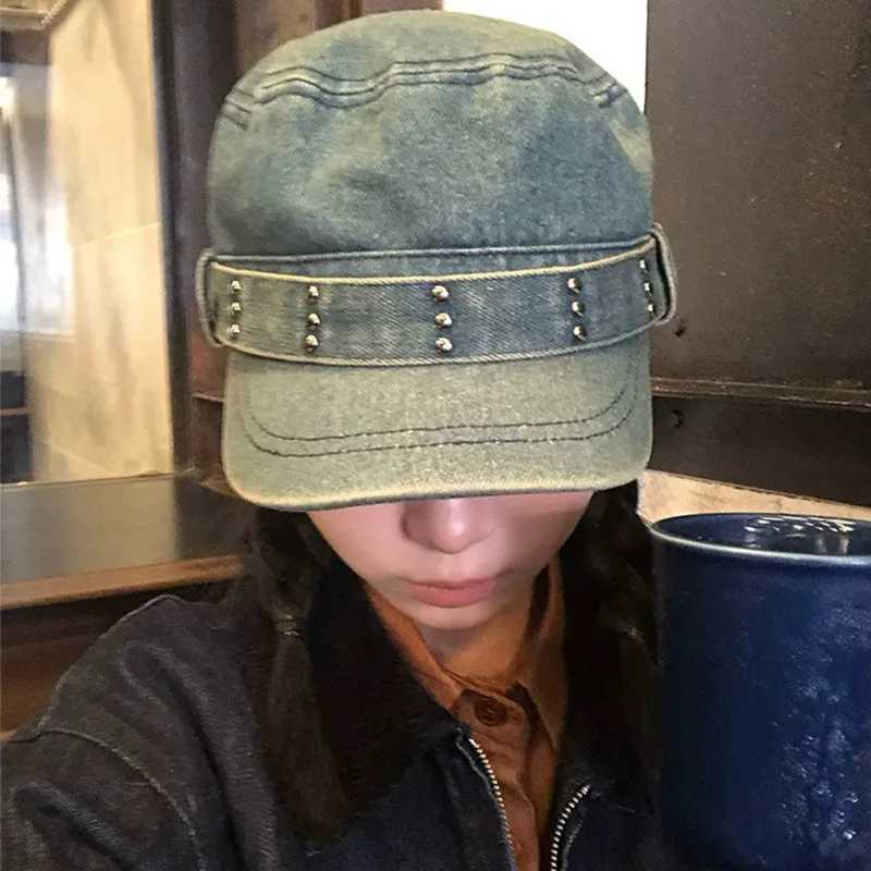 Korean Retro Rivet Denim Flat Top Newsboy Cap Spring and Autumn Niche Fashion Washed and Made Old Y2k Trend Beret Hat for WomenW251029