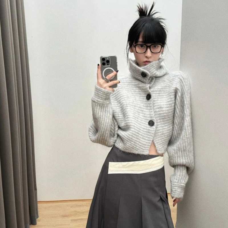 Deeptowm Y2K Gray Striped Women Sweater Vintage Turtleneck Korean Fashion Knit Cardigan Harajuku Button Autumn Loose Old MoneyT251028