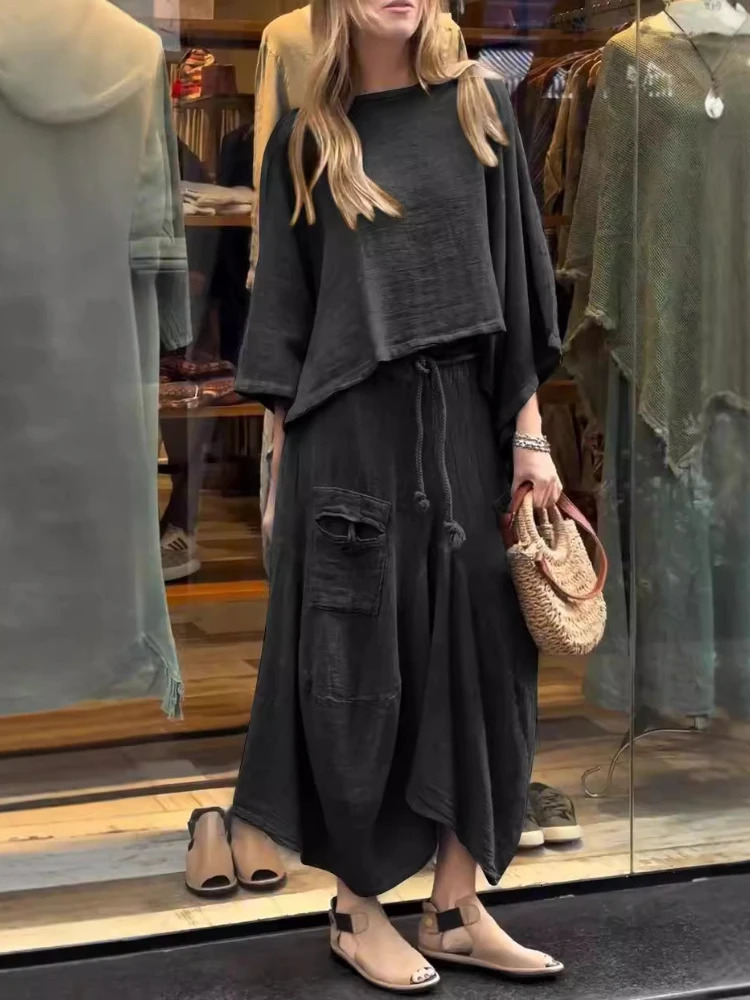 2024 Autumn Fashion Womens Cotton and Linen Loose Skirt Twopiece Set Solid Color Irregular Top Waist Pocket 251016