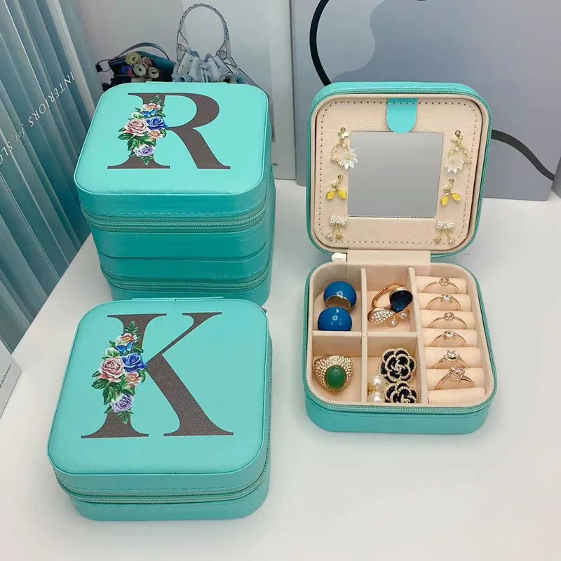 Black Alphabet Flower Print Jewelry Boxes Blue Personalized Box Girls Organizer Case for Wedding Party Gift 251013