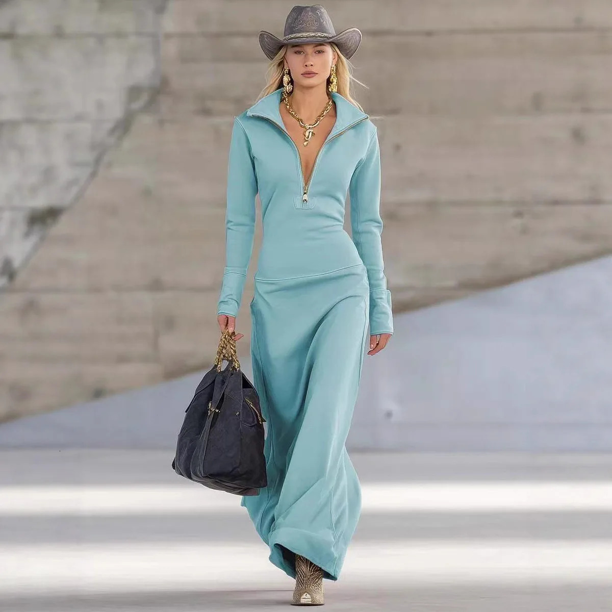 Fashion POLO Collar Long Dresses Women 2025 Autumn Winter Casual Zipper Slim Fit Casual Long Sleeve Maxi Dress Elegant 251029