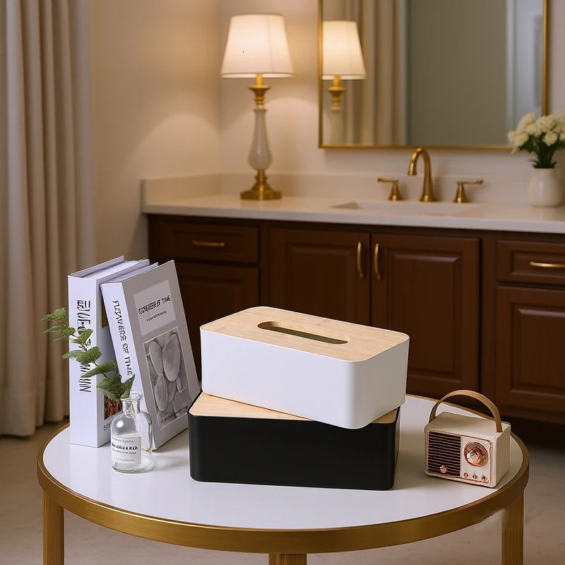 1pc Luxurious Bamboo Rectangular Tissue Box Cover Waterproof Elegant Holder For Disposable Paper Facial Tissues 251029
