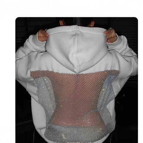 Women's fashionable hooded sweatshirt, casual long sleeved pullover, designer American hollow mesh long sleeved sweatshirt