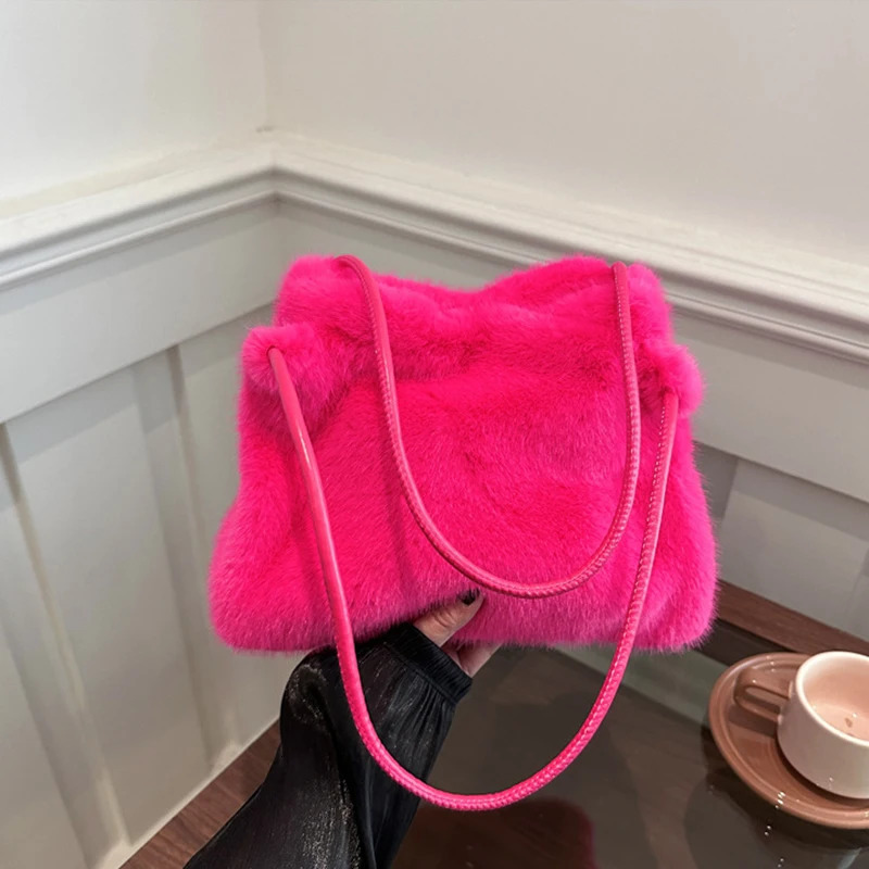 Female Autumn Winter Plush Handbag Versatile Solid Color Chain Crossbody Shopping Bag Women Chain Messenger Bags 251029