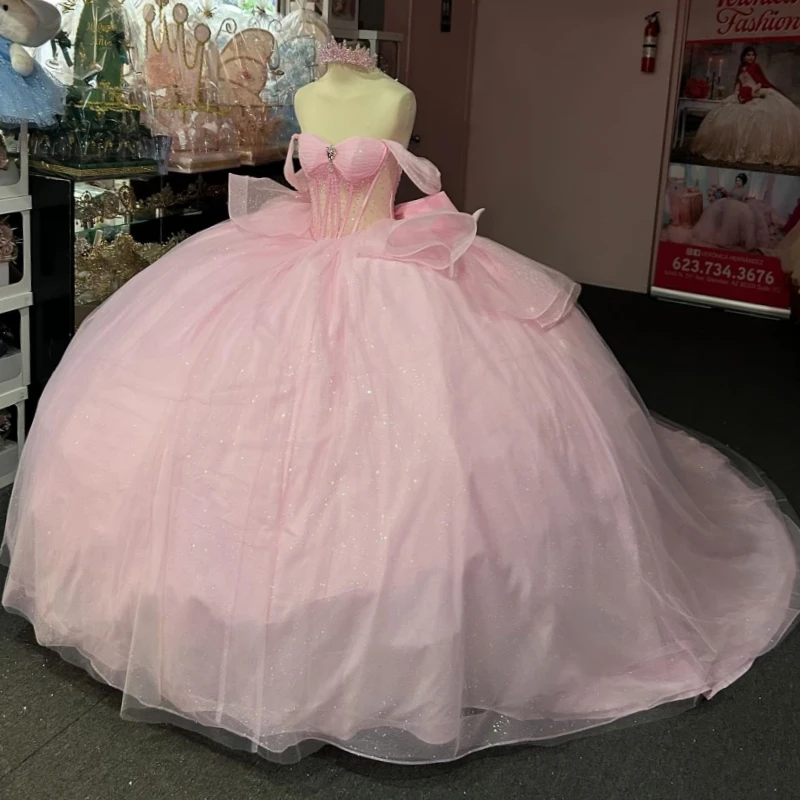 Pink Ball Gown Quinceanera Dresses Off The Shoulder Beads Bow Tull Party Birthday Sweet 16 Dress Vestidos 15 Anos