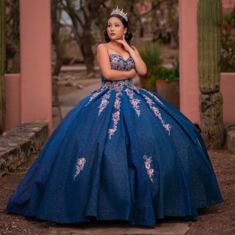 Navy Blue Shiny Ball Gown Quinceanera Dresses Off The Shoulder Applique Lace Beads Tull Party Birthday Sweet 16 Dress Vestidos