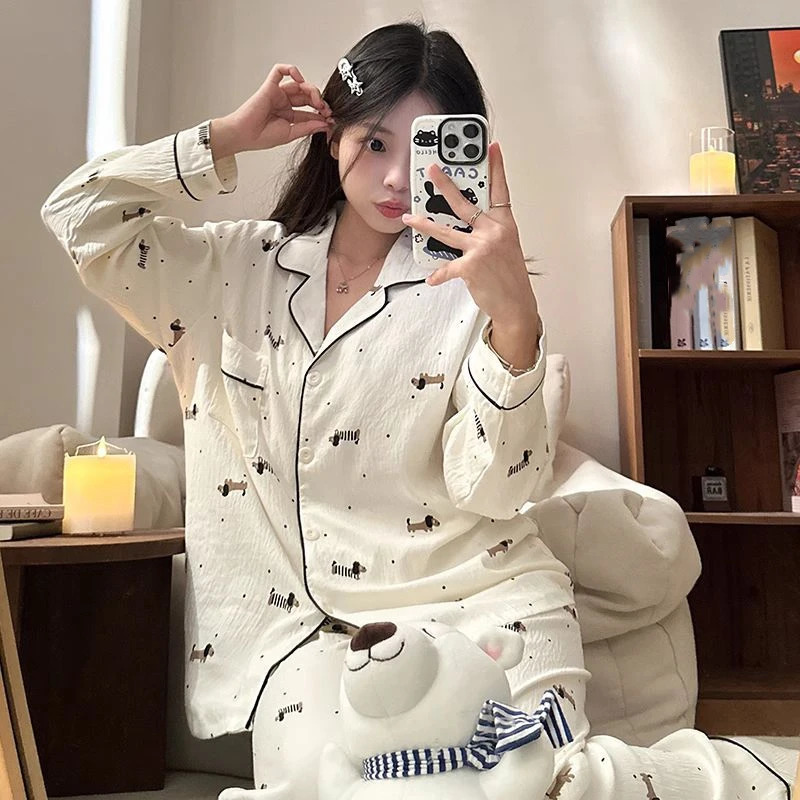 Dot Letter Dog Print Kawaii Pajamas for Women Harajuku Style Sweet Cute Sleepwear Woman Spring Cartoon Set Casual 251029