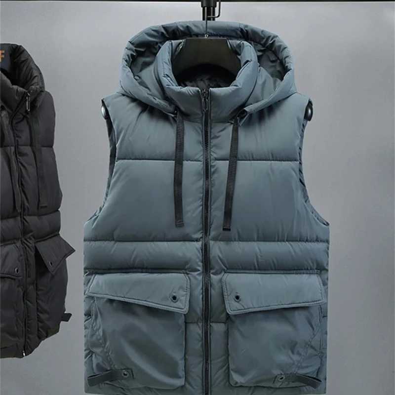 Mens Hooded Vest Winter Zipper Warm Stand Collar Waistcoat Men Cotton Padded Sleeveless Jackets with Big Pockets 2025 W251029