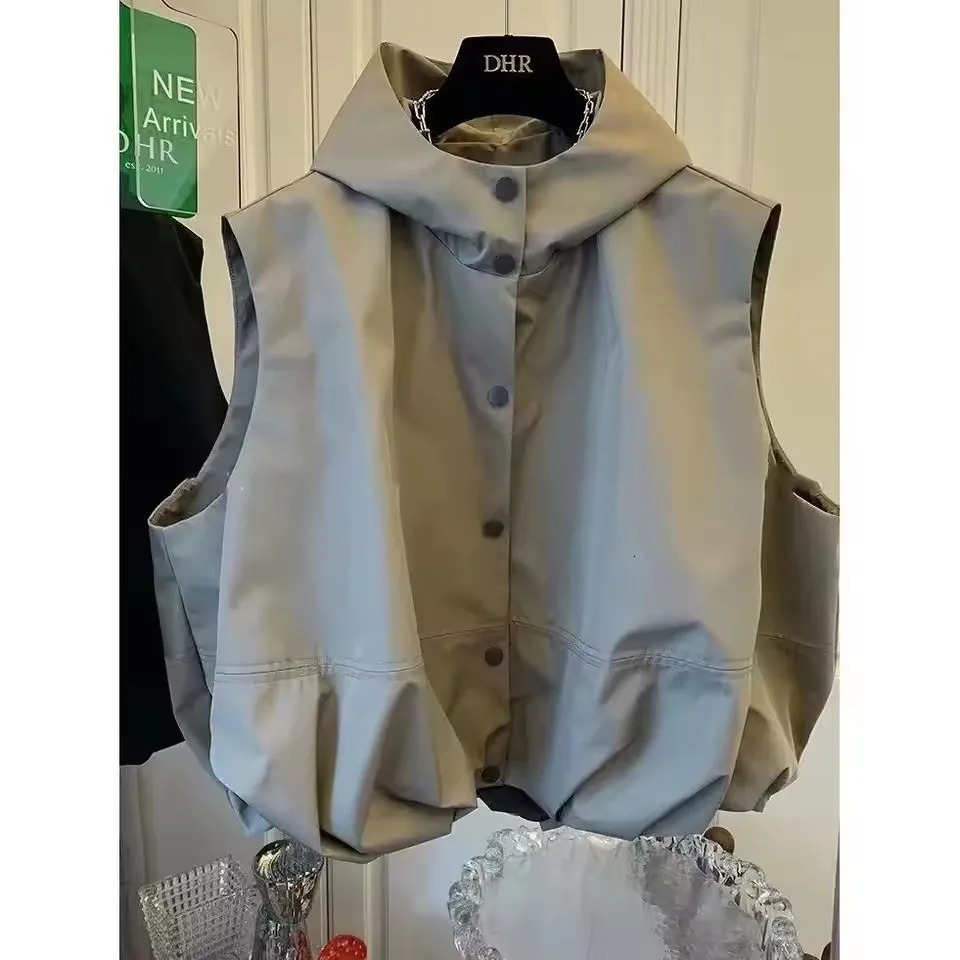 Women Hooded Vests Coats Single Breasted Loose Casual Tops Spring Autumn Korean Simple Allmatch Breathable Waistcoat 251029