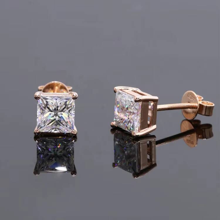 Free Shipping Fine Jewelry Two Carat Princess Cut Moissanite Gemstone 14k Rose Gold Screw Back Stud Earring