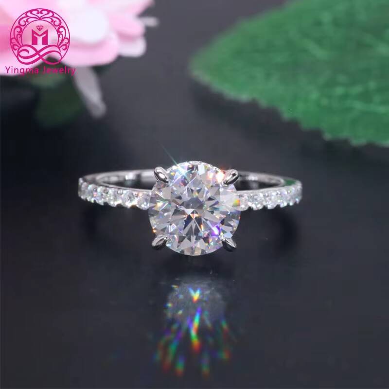 Yingma Fine Jewelry 8mm 925 Sterling Silver 14k 18k Solid White Gold 2ct Round Cut Moissanite Ring