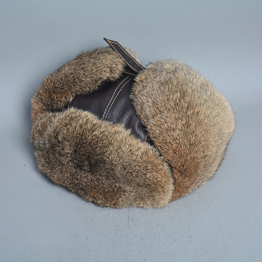Winter Men 100 Natural Rabbit Fur Bomber Hat Genuine Sheepskin Leather Cap Men Outdoor Windproof Super Warm Rabbit Fur Caps 251029