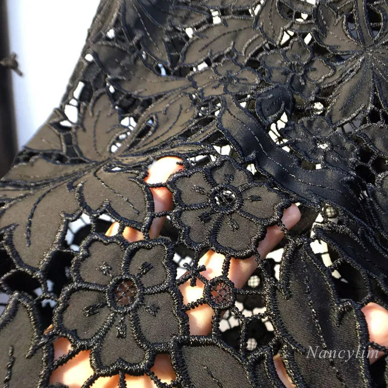 European 2025 Hollow Lace Jeans Women Summer Black Lace Denim Pants Heavy Industry Beads Diamond Denim Splicing Crochet 251029