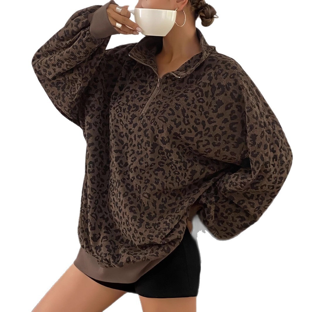 European and American designers retro leopard print stand up collar women's stand up collar jacket early autumn new loose medium sports shirt tre