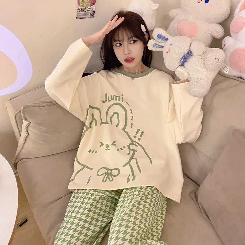 Fall and Winter Womens Nightwear Plus Size Cartoon Bear Student Pajamas Homewear Ladies Long Sleeves Plaid Pants SleepwearT251029