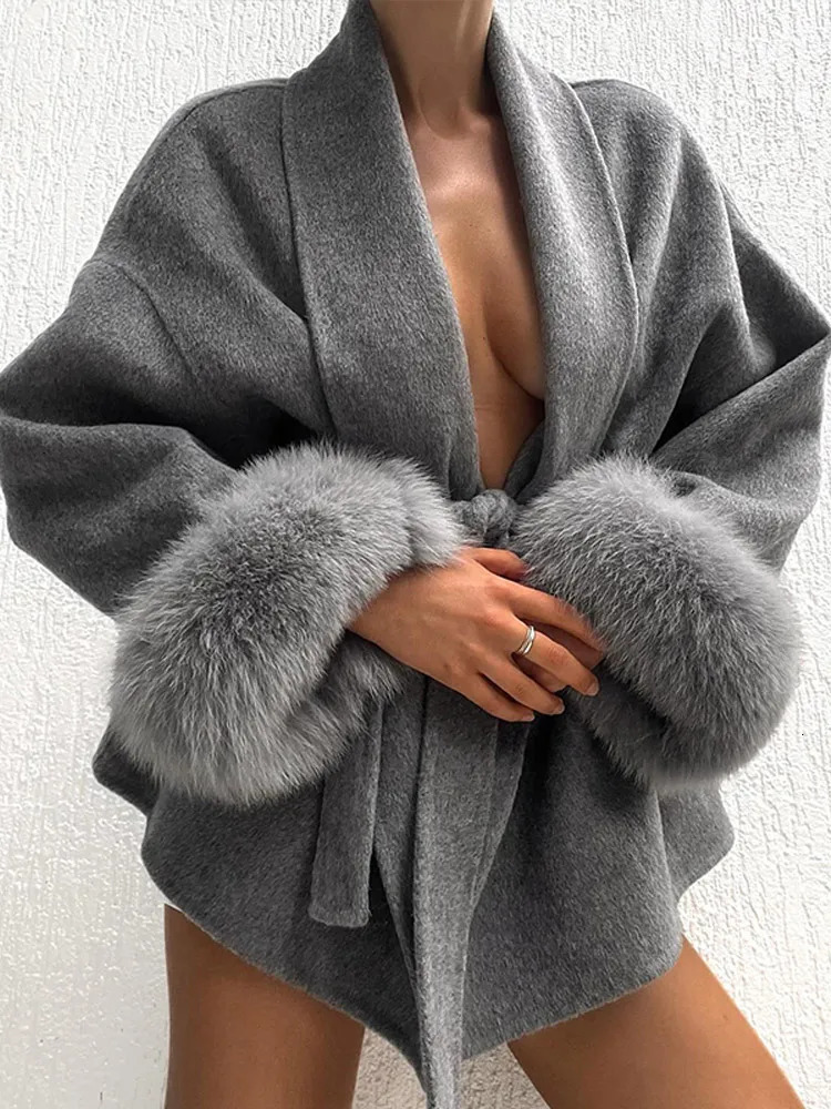 Faux Fox Fur Wool Overcoat Woman Grey Lace Up Lapel Long Sleeve Doublesided Woolen Coat Autumn Loose Solid Cardigan Jackets 251028