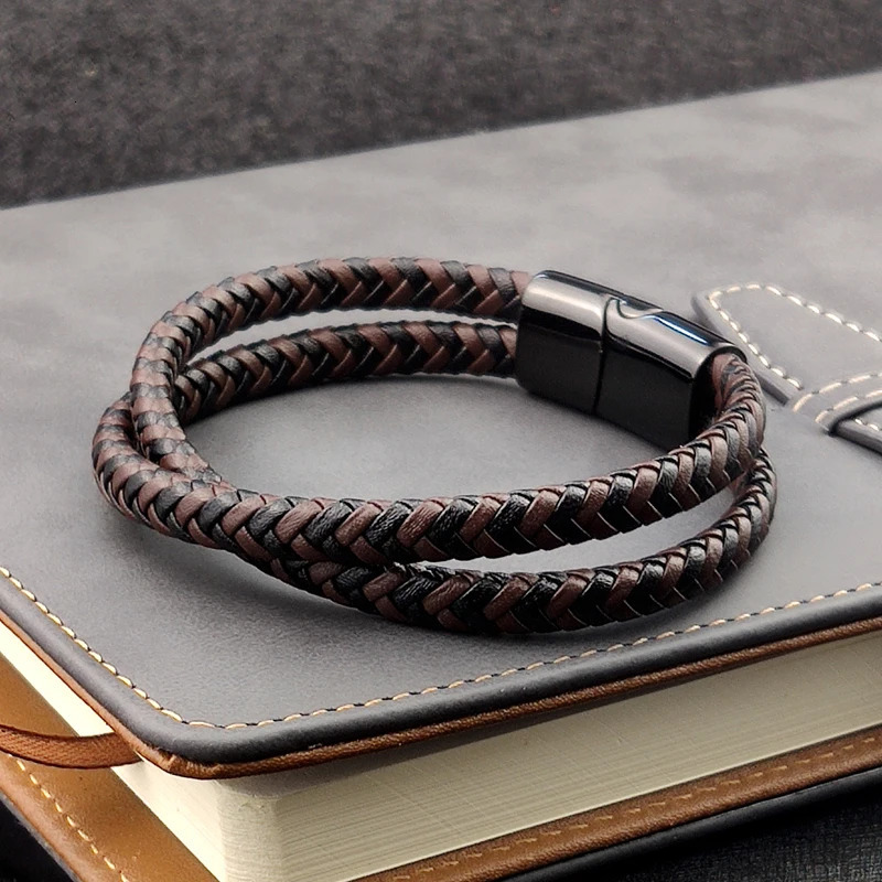 Steel Bracelet Double Layer Brown Black Leather Braided Rope Man High Quality Stainless Steel Magnetic For Women Gift 251013